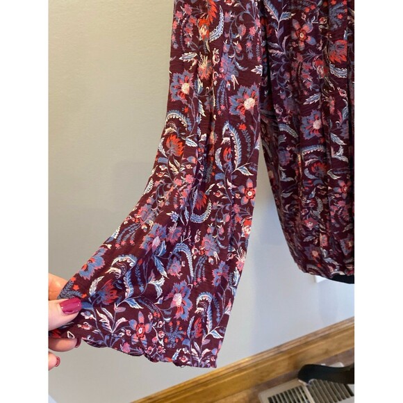 Lucky Brand Blouse Size XL Burgundy Smocked Top Bell Sleeves Boho Peasant - Picture 3 of 10